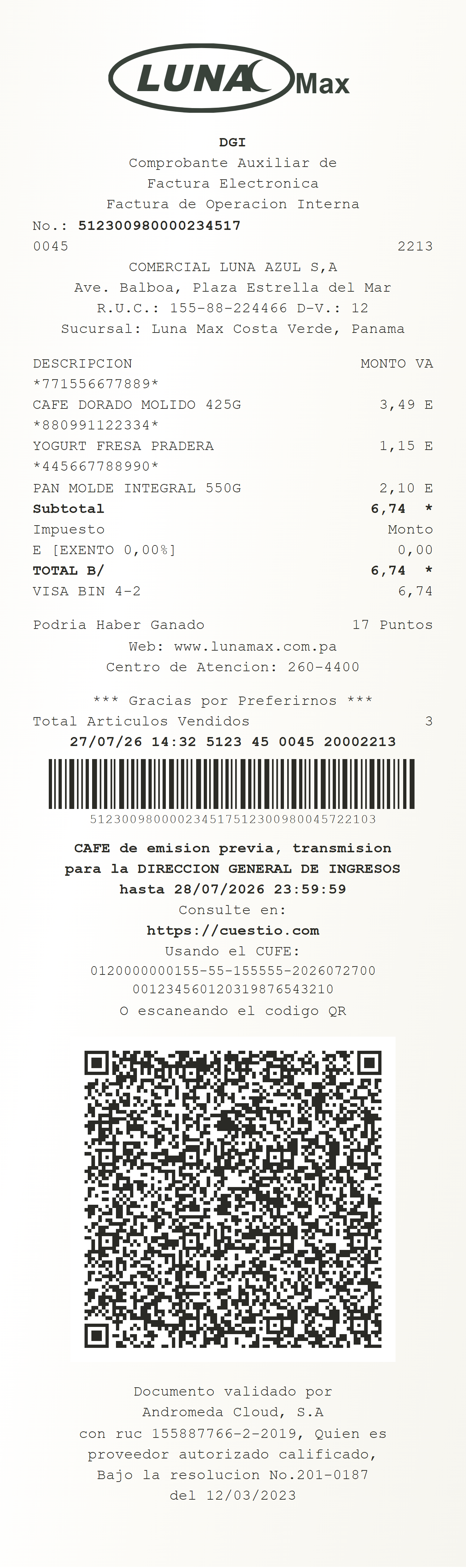 Factura electrónica de muestra con datos ficticios